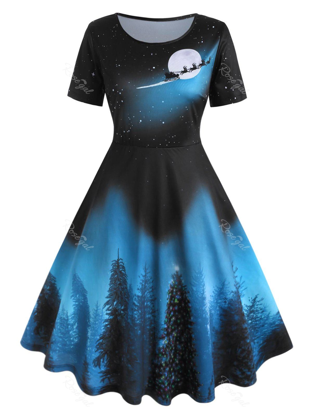 

Plus Size Christmas Tree Print Galaxy Flare Dress, Blue