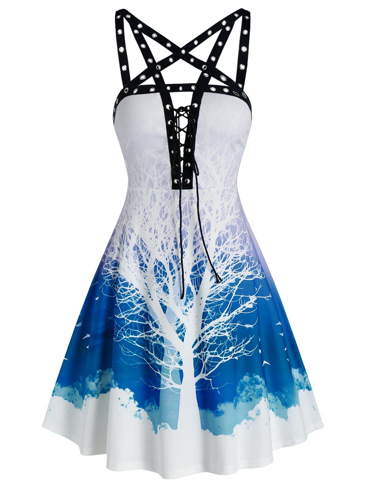 

Sleeveless Tree Print Lace-up Grommet Strap Dress, Blue