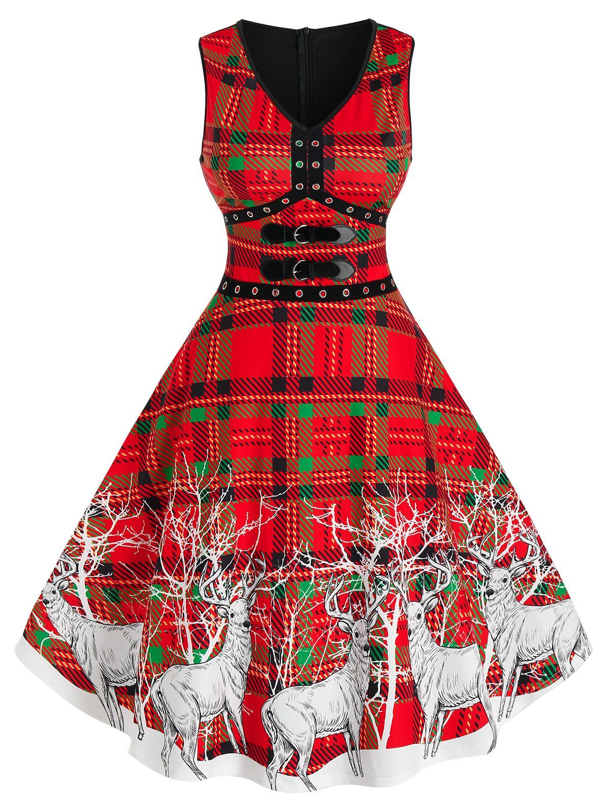 

Elk Print Plaid Buckles Christmas Dress, Multi-a