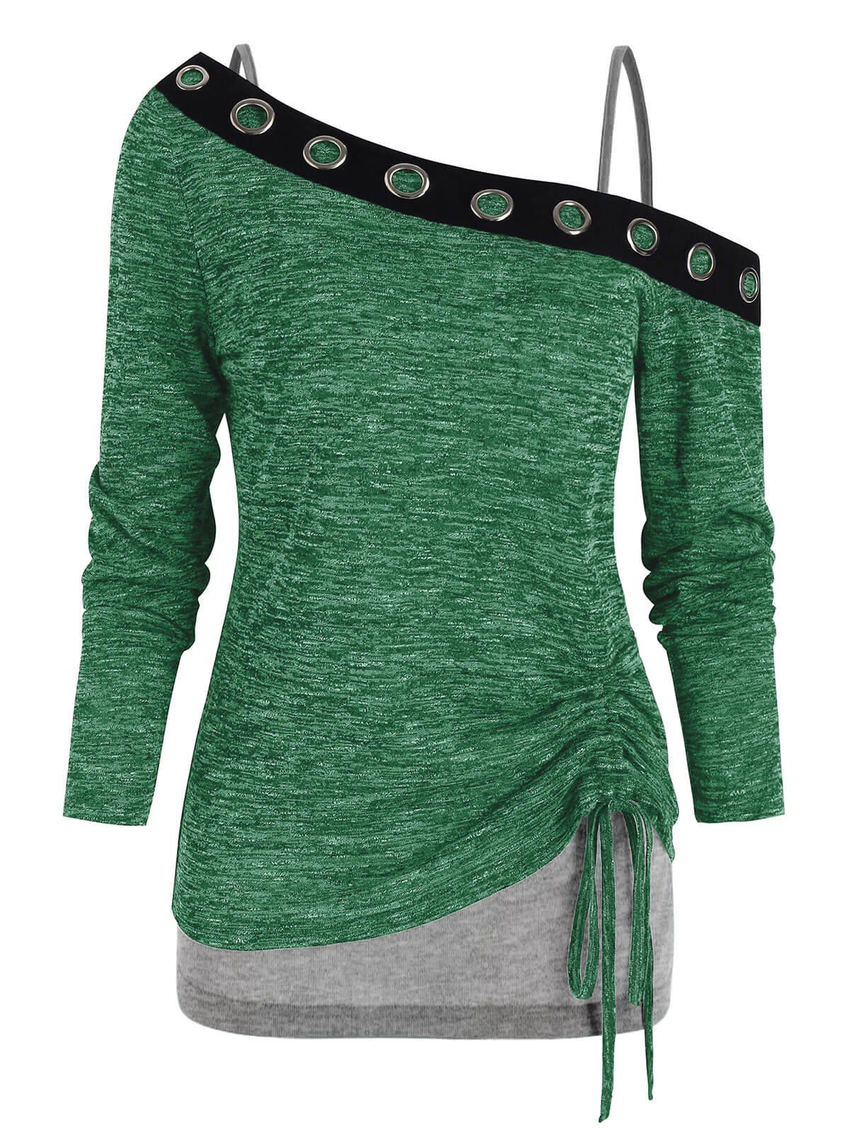 

Cold Shoulder Drawstring Hem Two Piece T Shirt Sets, Deep green
