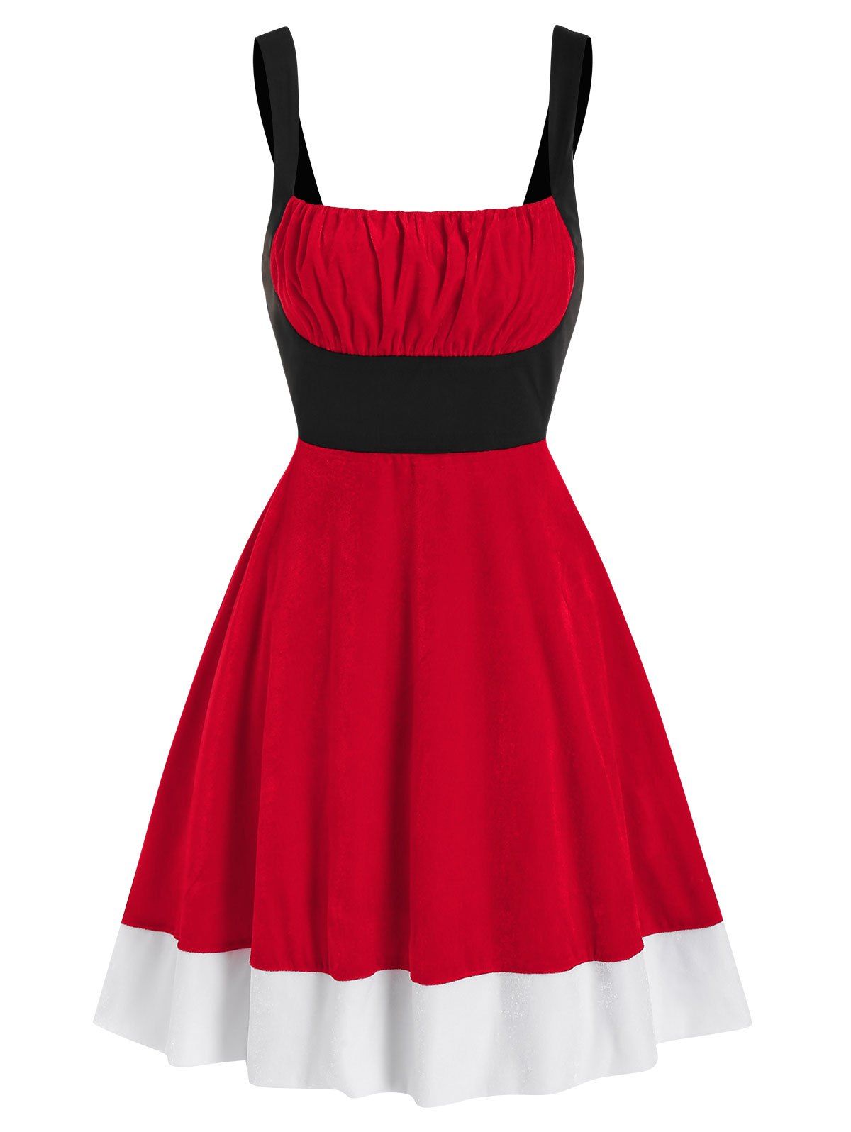 

Ruched Bust Colorblock Velvet Christmas Dress, Red