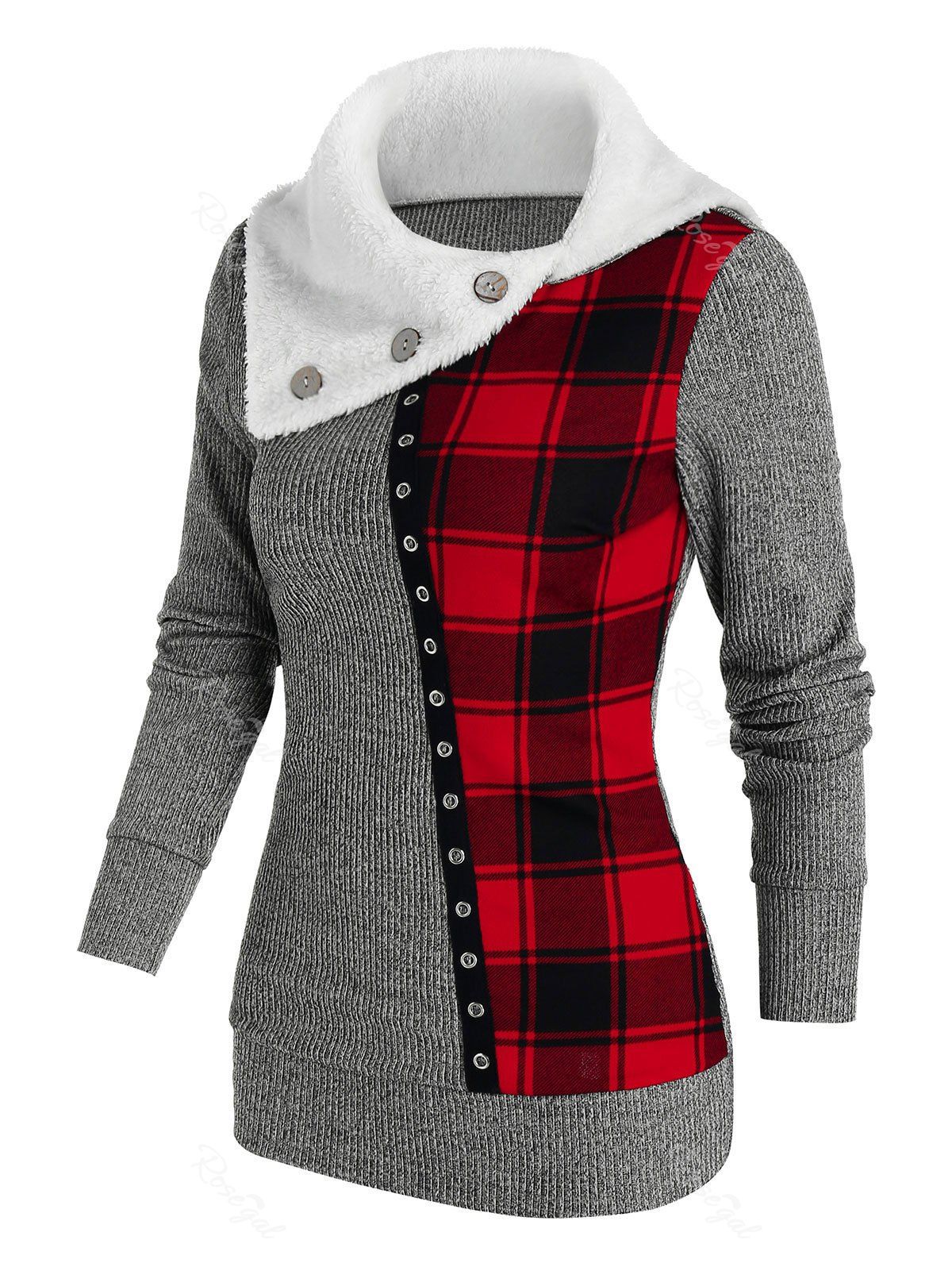 Hot Faux Fur Collar Plaid Patchwork Knitwear  