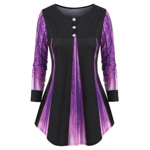 

Printed Mock Button Long Sleeve Top, Purple