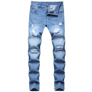 

Long Destroy Wash Scratch Ripped Jeans, Light blue