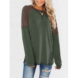 

Stitching Colorblock Long Sleeve Jersey Top, Deep green
