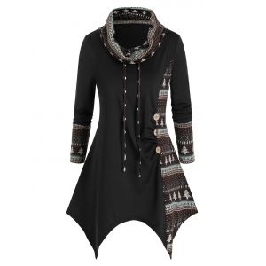 

Plus Size Cowl Neck Handkerchief Ethnic Tribal Print Tee, Black