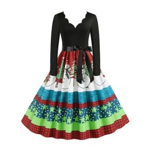 

Christmas Santa Claus Scalloped A Line Retro Dress, Multi a