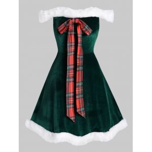 

Plus Size Christmas Faux Fur Insert Bowknot Velvet Mini Dress, Deep green