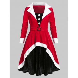 

Plus Size Christmas Contrast Velvet A Line Waisted Dress, Valentine red