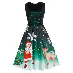 

Plus Size Christmas Santa Claus Elk Lace-up A Line Dress, Deep green