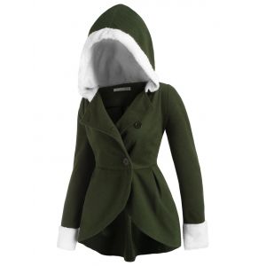

Hooded Fluffy Panel Wool Blend Plus Size Coat, Deep green