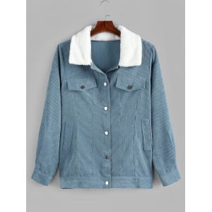 

Plus Size Corduroy Faux Fur Collar Single Breasted Coat, Denim blue