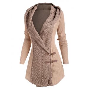 

Colorblock Hooded Buckle Front Cardigan, Light coffee
