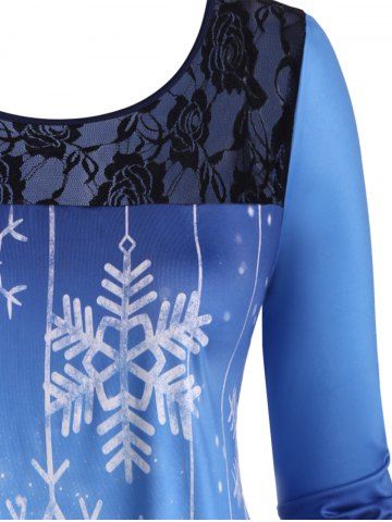 

Plus Size Christmas Snowflake Lace Panel Long Sleeve Tee, Blue