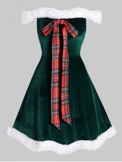 Plus Size Christmas Faux Fur Insert Bowknot Velvet Mini Dress - DEEP GREEN - 1X