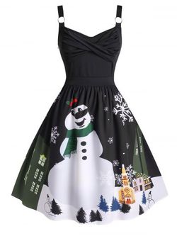 Plus Size Christmas Twisted Snowman Snowflake Ring Vintage Dress - BLACK - L