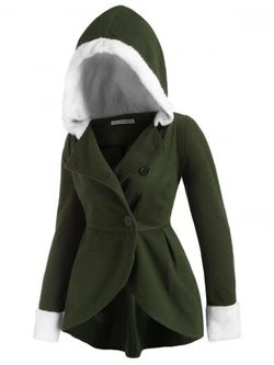 Hooded Fluffy Panel Wool Blend Plus Size Coat - DEEP GREEN - 4X