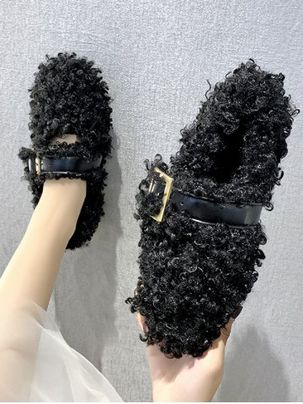 Teddy Faux Fur Buckle Strap Flat Shoes
