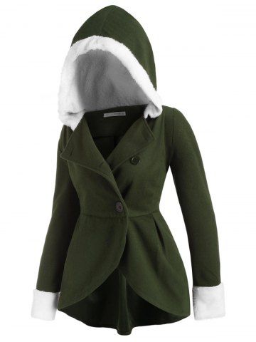 Hooded Fluffy Panel Wool Blend Plus Size Coat - DEEP GREEN - 1X
