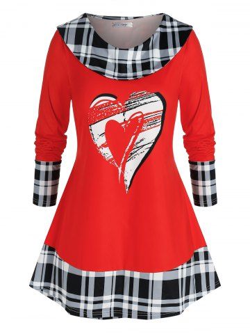 Plus Size Plaid Valentine Heart Graphic Tunic Tee - RED - 1X