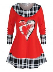 T-shirt Tunique Motif Coeur à Carreaux Grande Taille - Rouge 1X