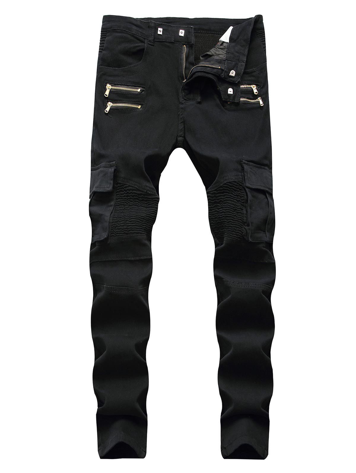 

Pleated Patchwork Zipper Long Jeans, Black
