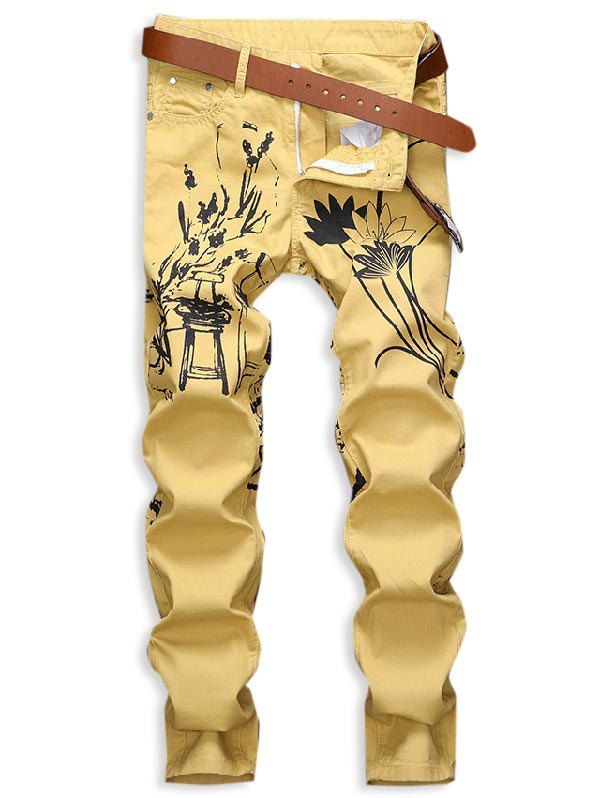 

Chinese Painting Print Long Jeans, Yellow