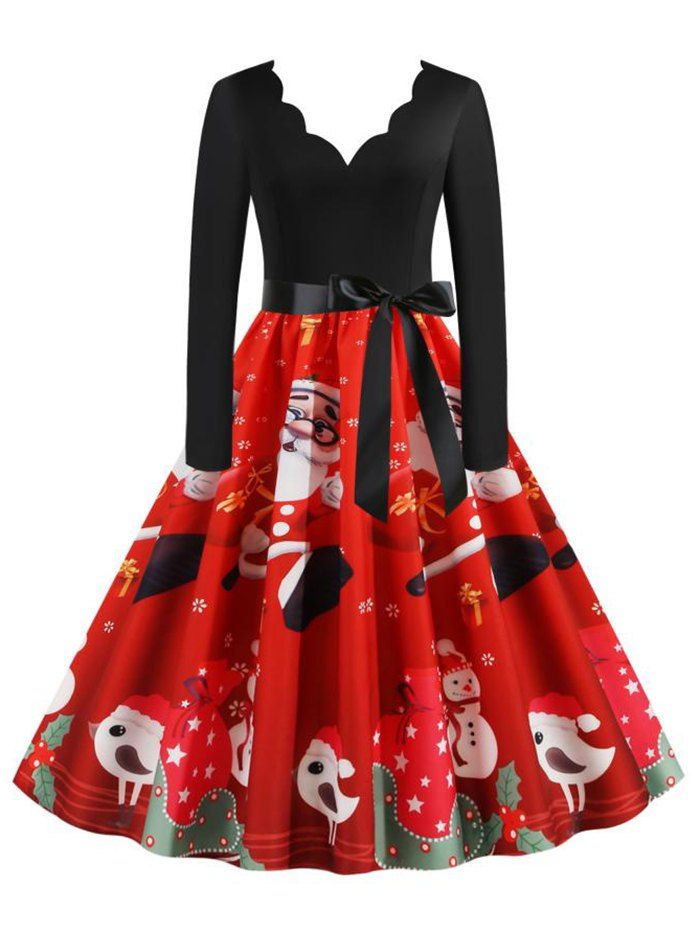 

Christmas Santa Claus Long Sleeve Belted Retro Dress, Red