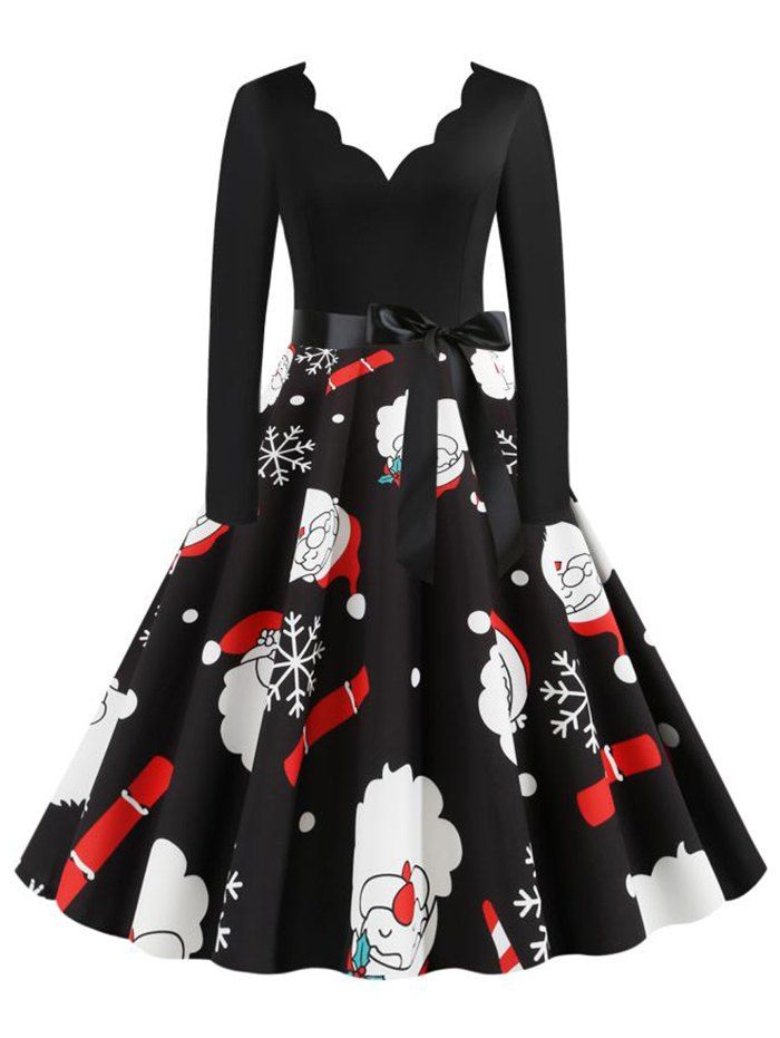 

Christmas Santa Claus Long Sleeve Belted Retro Dress, Black