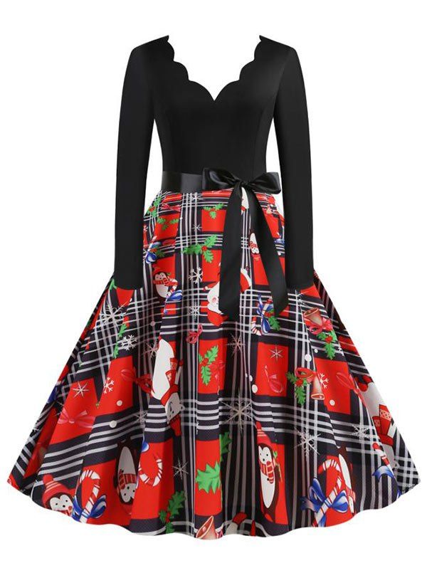 

Christmas Plaid Santa Claus Scalloped Belted Dress, Black