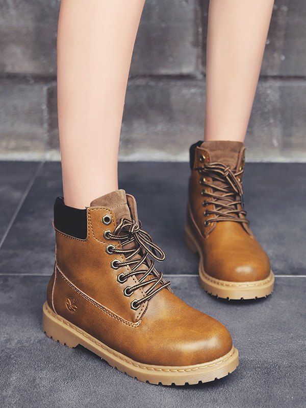 

Lace-up Closure Faux Leather Ankle Boots, Light coffee