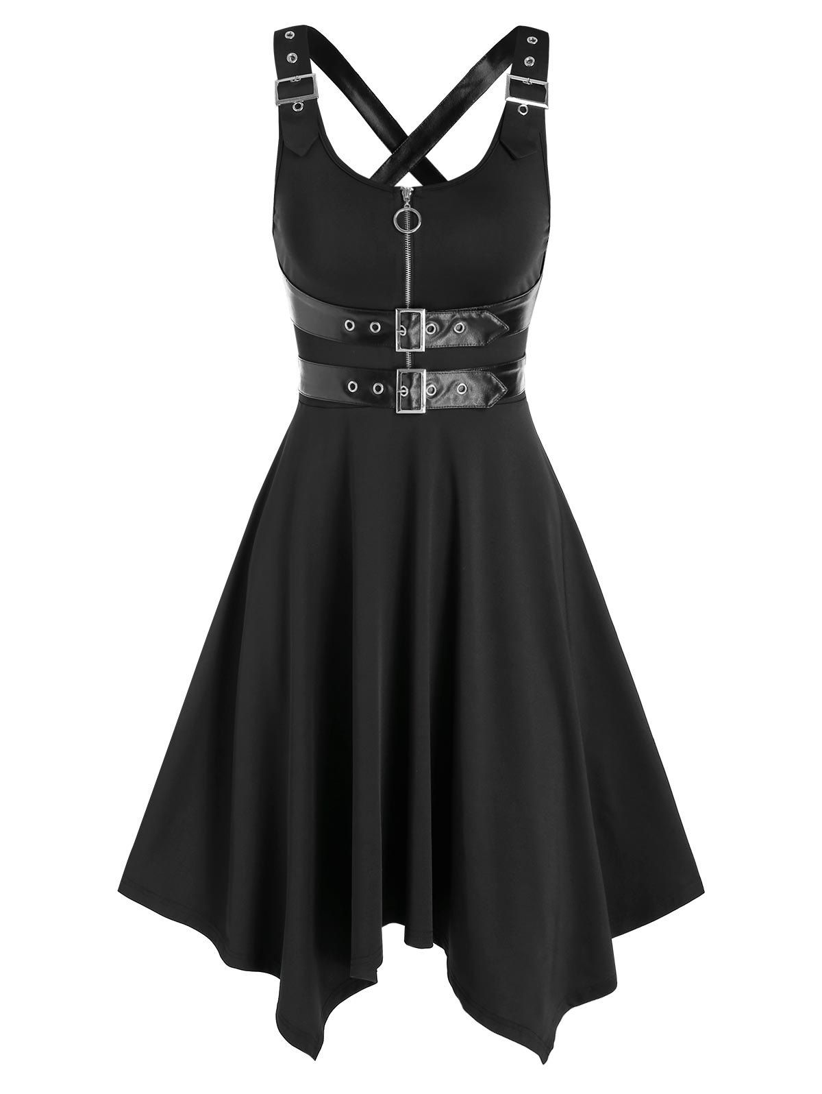 

Half Zip Buckle Strap Sleeveless Handkerchief Dress, Black