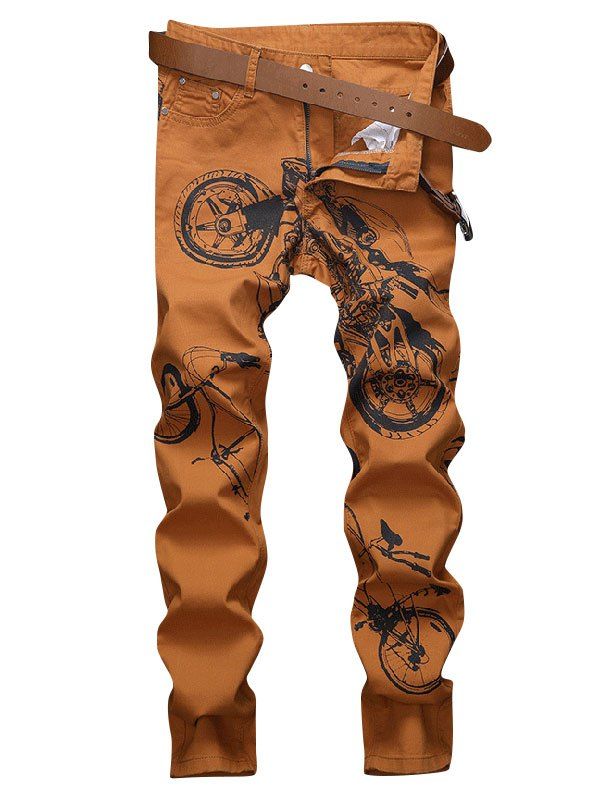 

Long Motorcycle Bike Print Casual Jeans, Dark orange