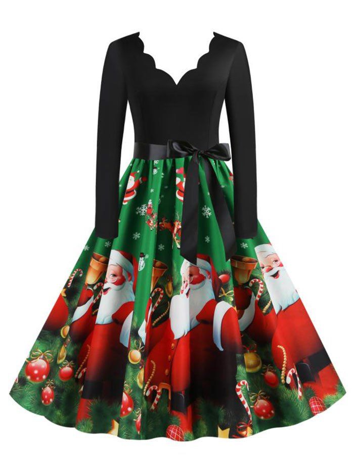 

Christmas Berry Gift Santa Claus Print Scalloped Dress, Multi-c