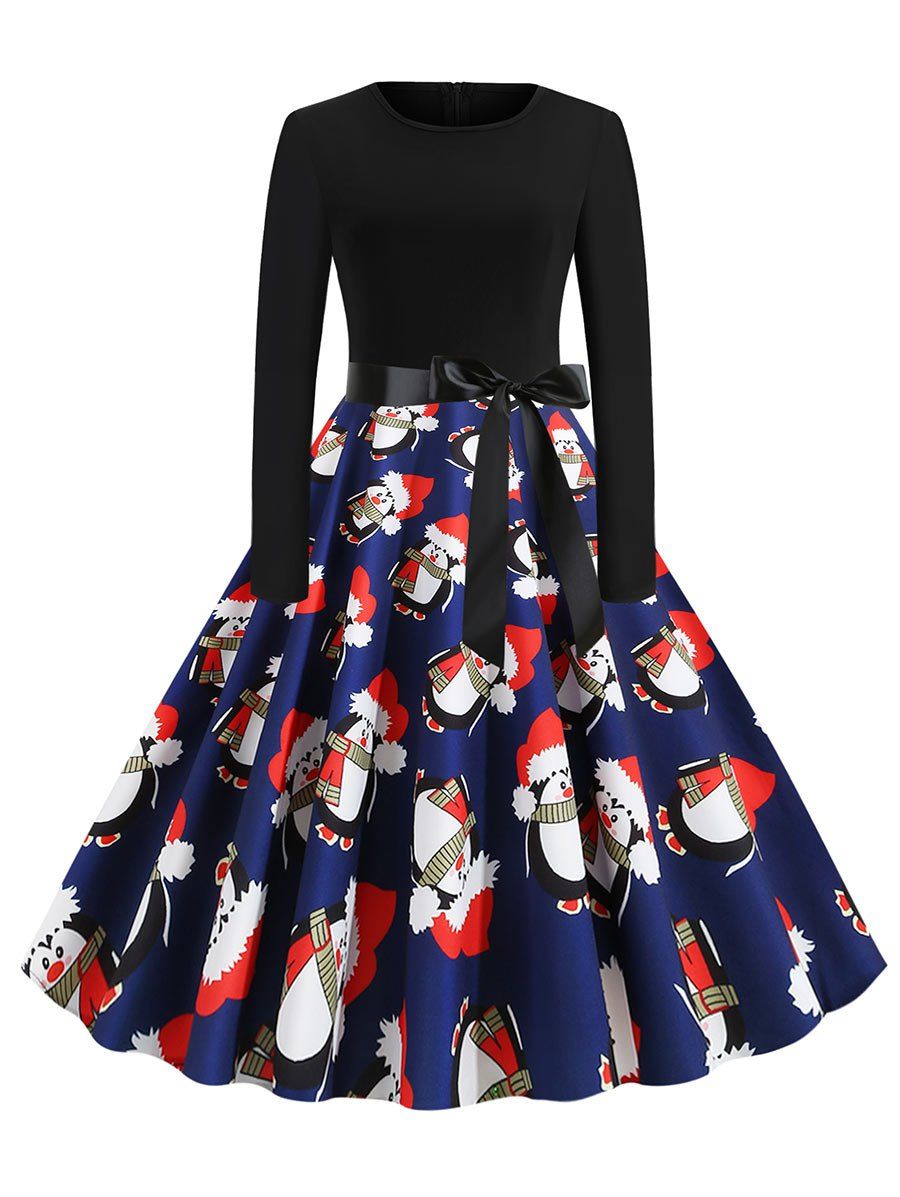 

Christmas Penguin Santa Claus Plaid Belted Dress, Midnight blue