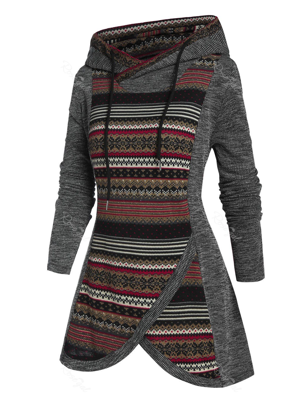 

Plus Size Hooded Tribal Marled Knit Tulip Hem Sweater, Dark slate grey