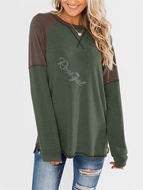 

Stitching Colorblock Long Sleeve Jersey Top, Deep green