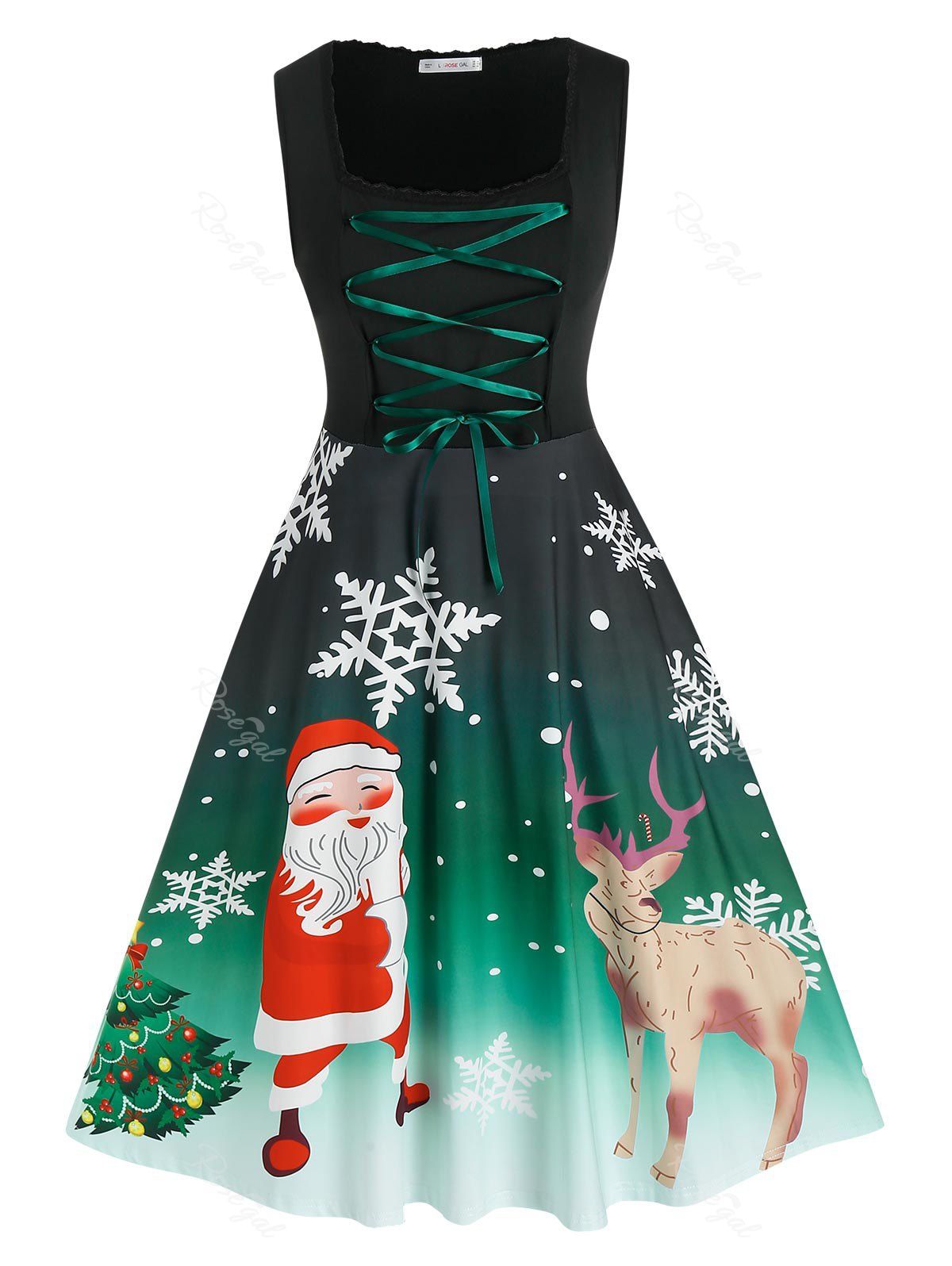 Discount Plus Size Christmas Santa Claus Elk Lace-up A Line Dress  