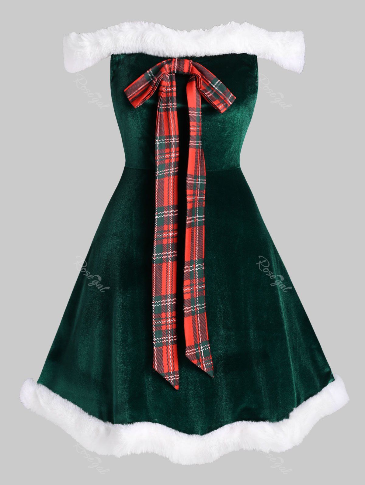 Plus Size Christmas Faux Fur Insert Bowknot Velvet Mini Dress