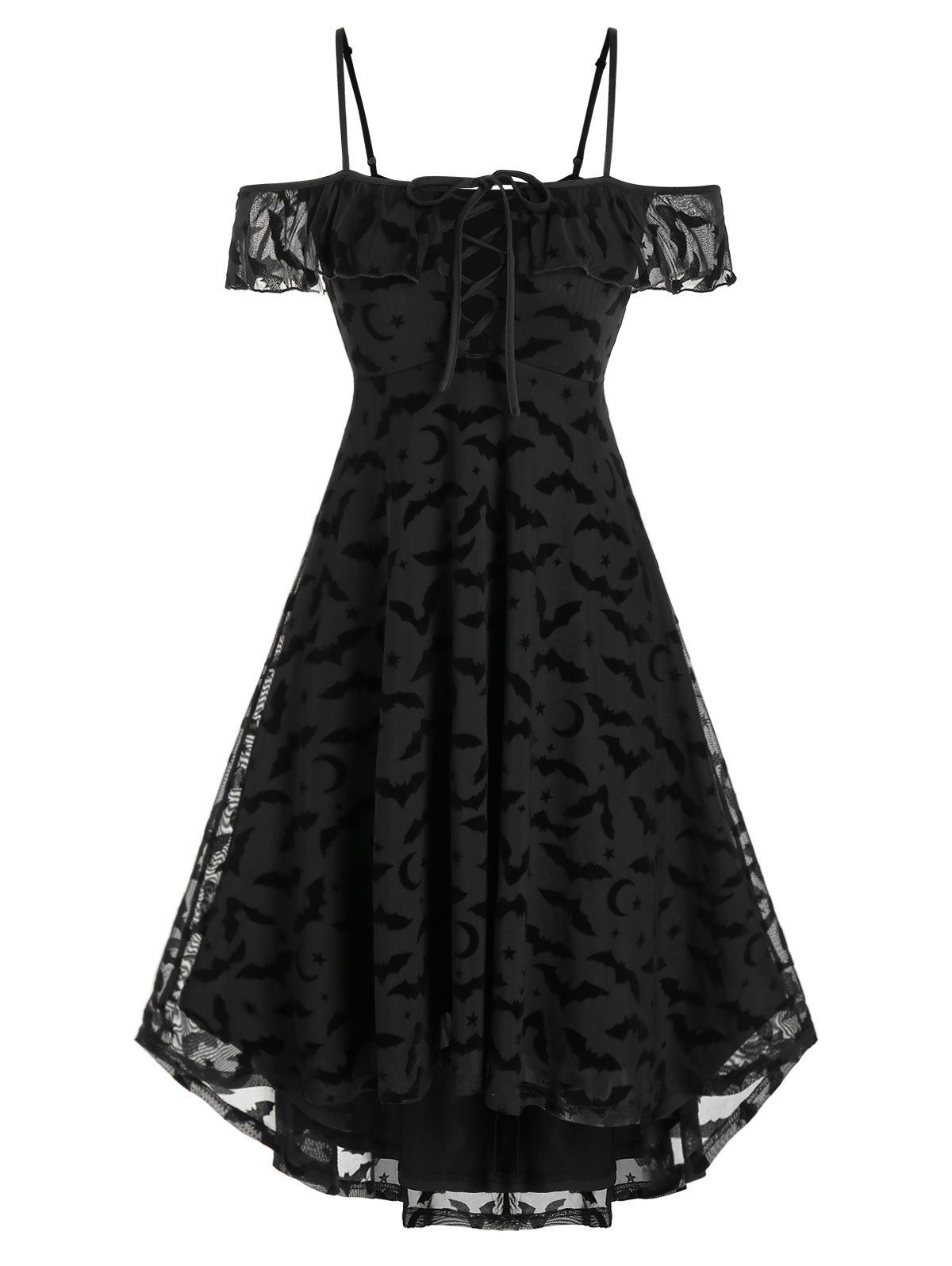 

Halloween Bat Pattern Lace-up Off The Shoulder Mesh Dress, Black