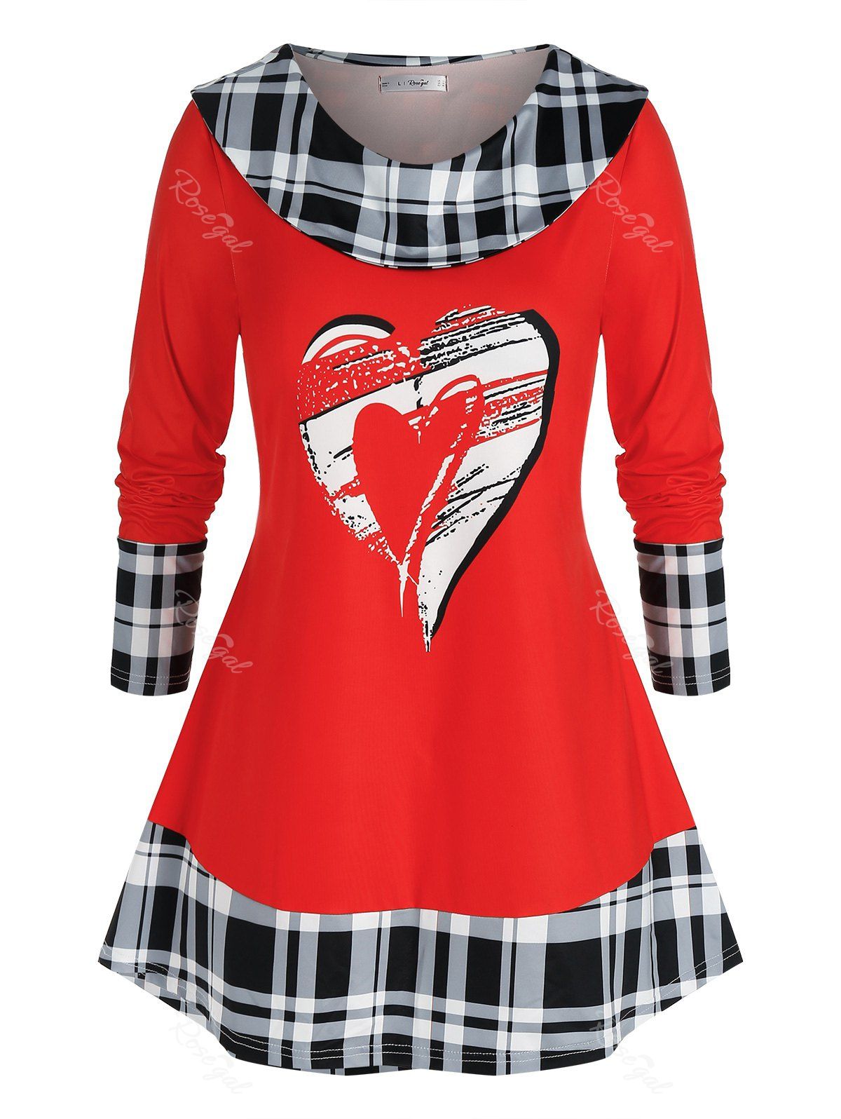 T-shirt Tunique Motif Coeur à Carreaux Grande Taille Rouge 1X