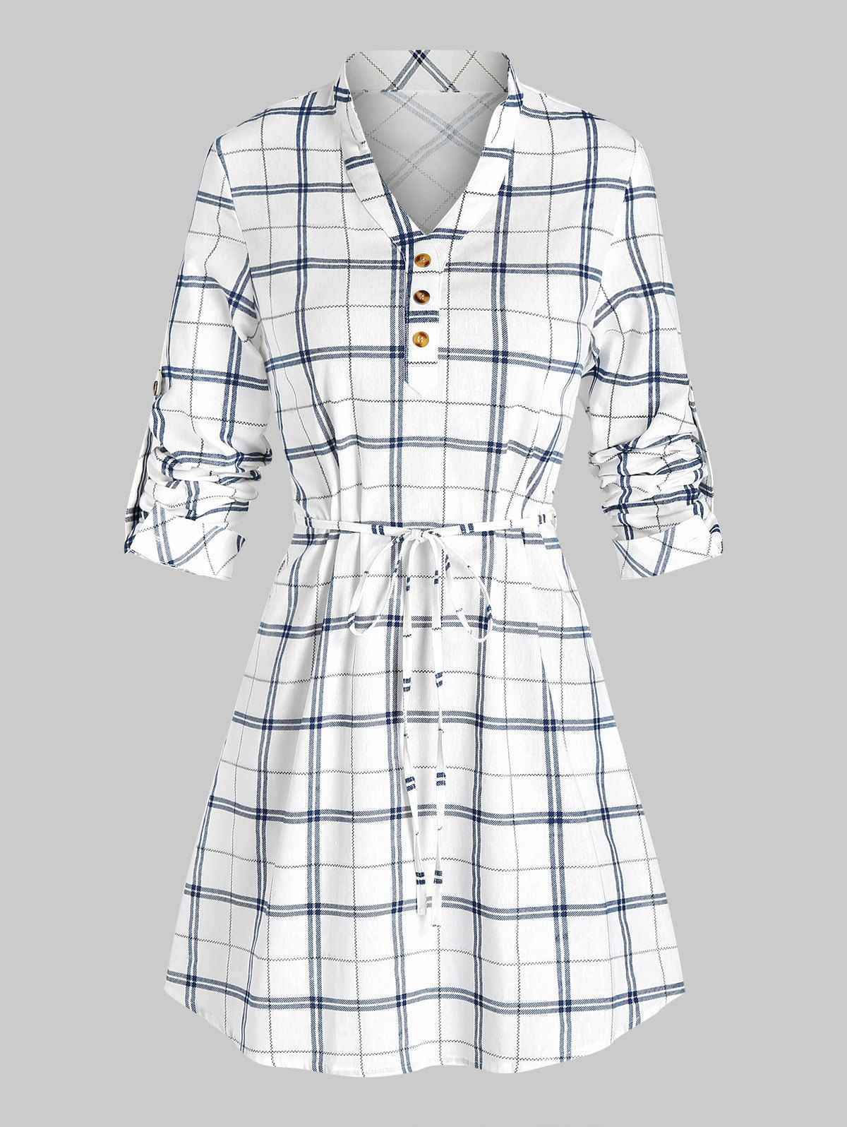 

Plaid Print Long Sleeve Casual Belted Dress, White