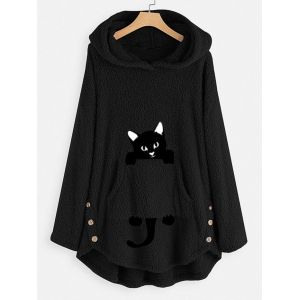 

Plus Size High Low Cat Pattern Plush Hoodie, Black