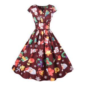 

Christmas Gift Santa Claus Print Cap Sleeve Surplice Dress, Cherry red