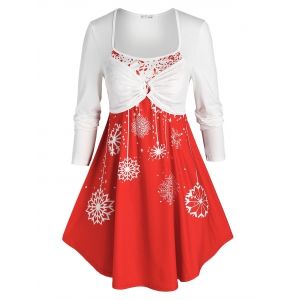 

Plus Size Christmas Snowflake Twofer Long Sleeve Tunic Tee, Red