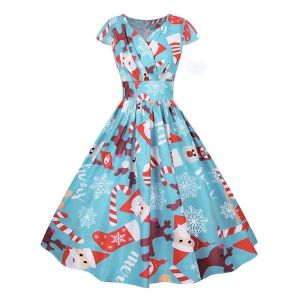 

Christmas Santa Claus Elk Snowflake Cap Sleeve Dress, Medium turquoise