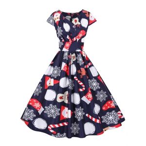 

Christmas Santa Claus Elk Snowflake Cap Sleeve Dress, Midnight blue