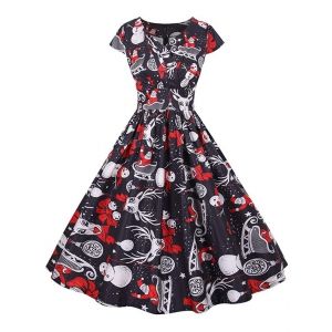 

Christmas Gift Santa Claus Print Cap Sleeve Surplice Dress, Jet black