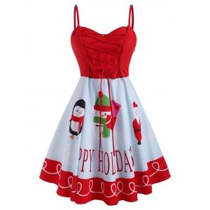 

Christmas Snowman Santa Claus Lace Up Plus Size Cami Dress, Red