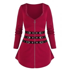 

Plus Size Grommet Zip Up Lace Panel Tunic Tee, Red